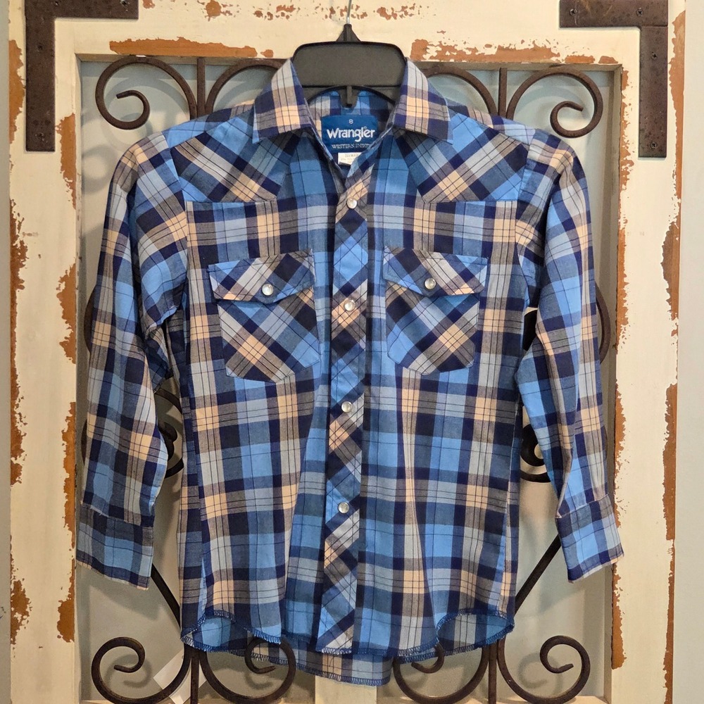 Vintage Wrangler Boys 8 Cowboy Blue Plaid Pearl Button Snap Western Shirt